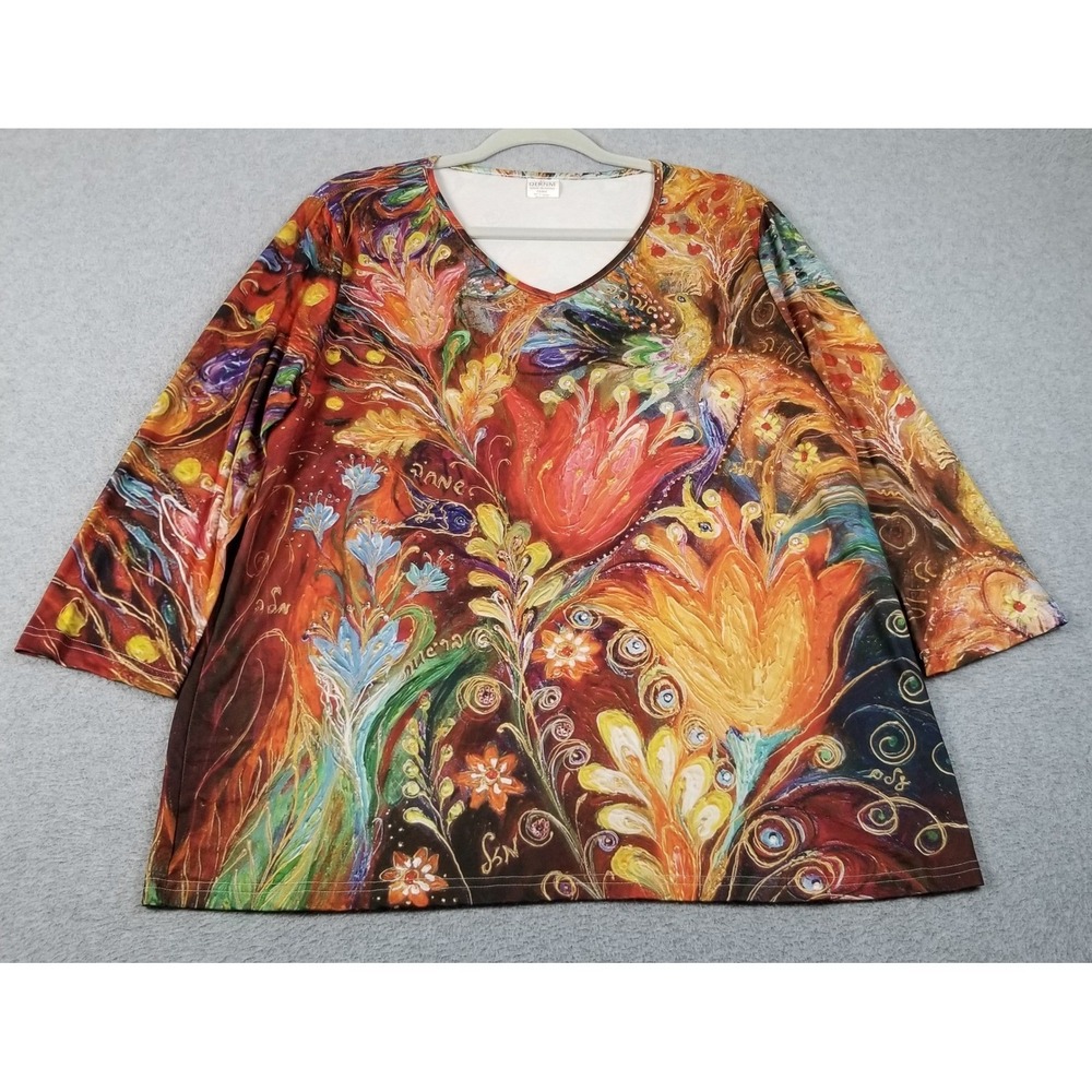 DERNM Top Women XL Extra Large Floral Artsy Print V-Neck 3/4 Sleeve Stretch Knit